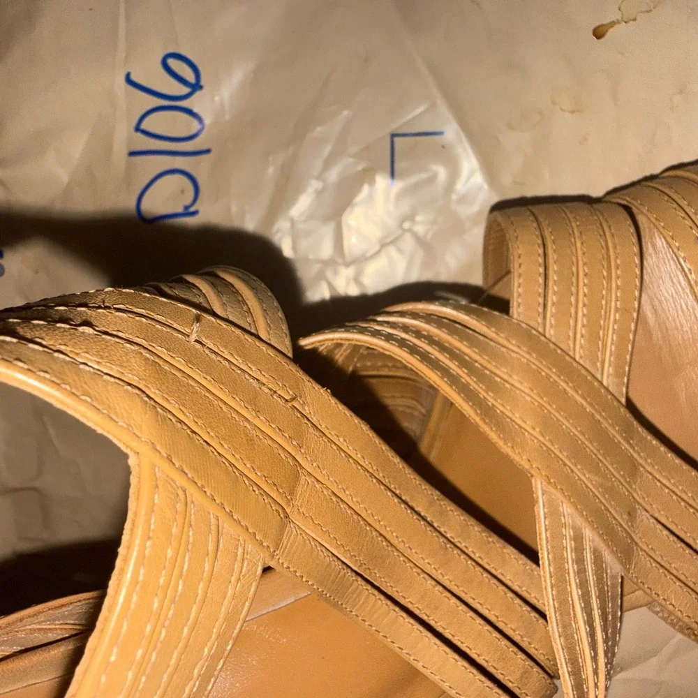 Tory Burch Tan Leather Strappy Caged Stiletto Heels Sandals Gold Logo Zip 8.5M